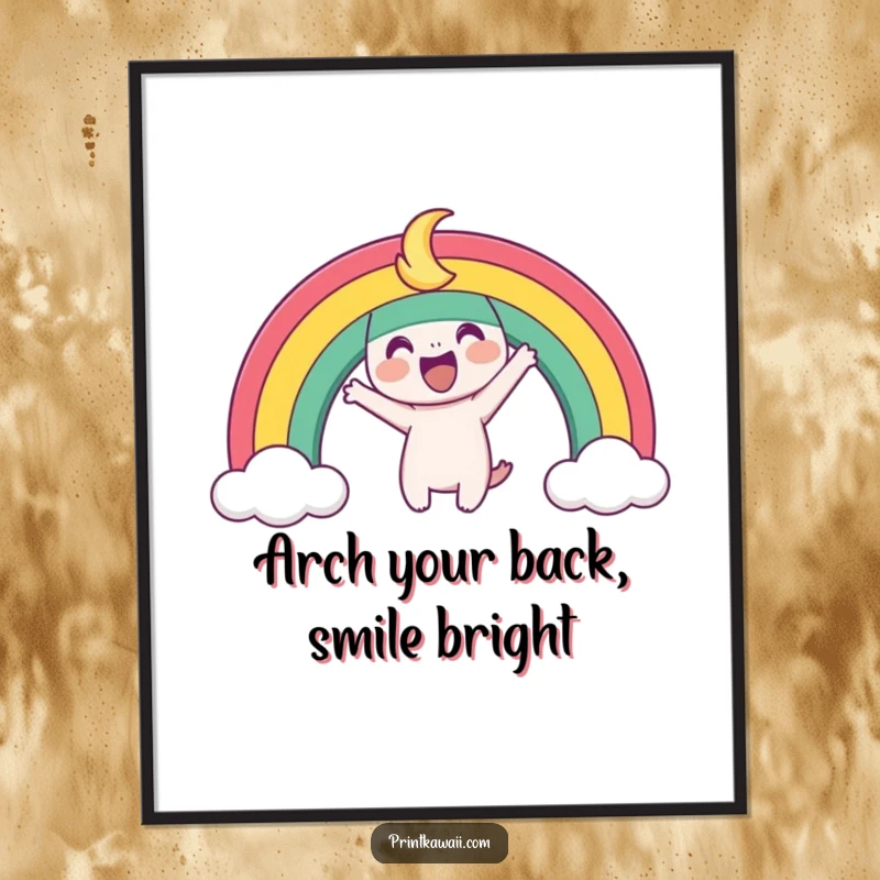 Funny Free Printable Wall Art of a playful rainbow character arching joyfully, a colorful and uplifting 'Print at Home' piece.