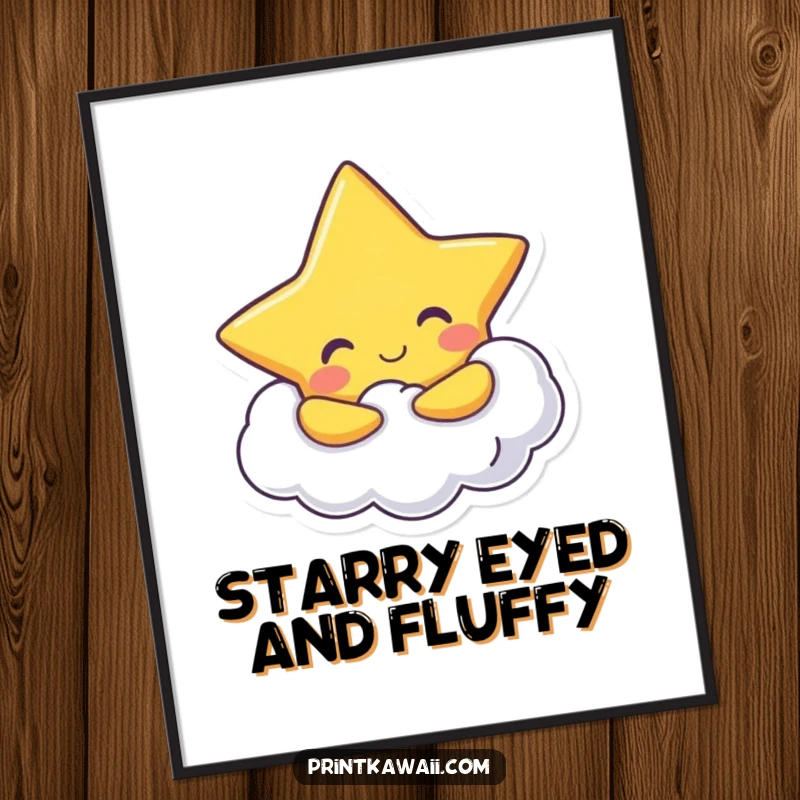 Funny Free Printable Wall Art depicting a cheerful star character hugging a fluffy cloud, creating a whimsical and humorous scene.