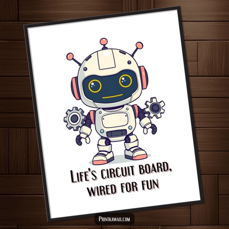 Funny Free Printable Robot Wall Art, a playful robot with turning gears, adding a touch of humor to any room, downloadable decor.