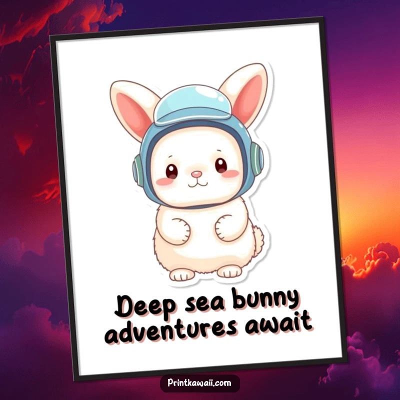 Funny Free Printable Wall Art showing a fluffy bunny wearing a massive diving helmet, ready for underwater fun.