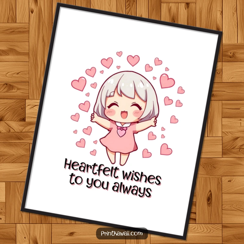 Funny free printable wall art of a cute character releasing a delightful flock of tiny, fluttering hearts, perfect for whimsical decor.