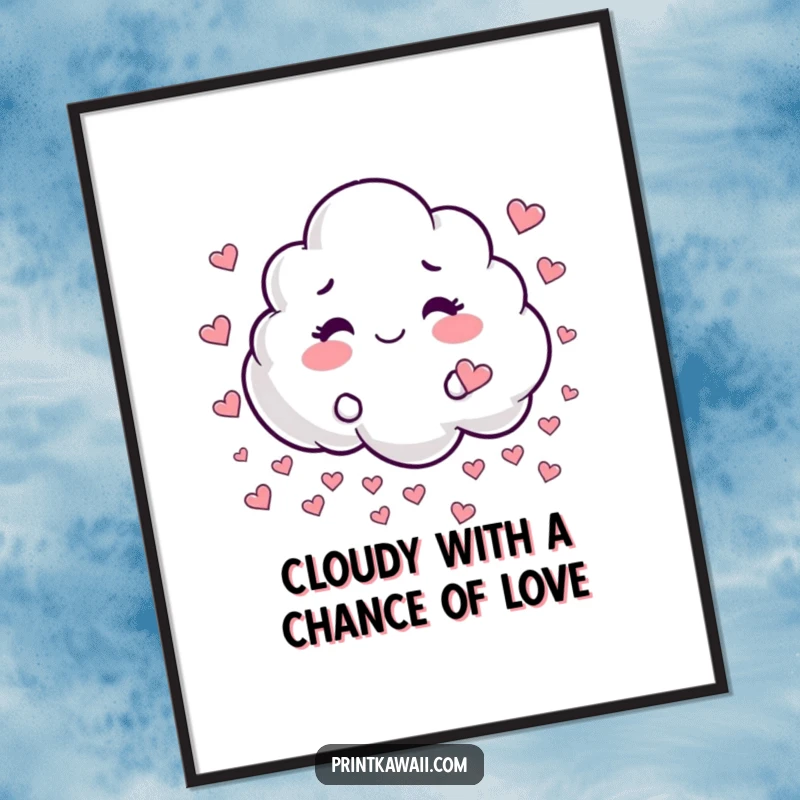 Funny Free Printable Wall Art depicting a whimsical cloud character showering the viewer with tiny, playful hearts.
