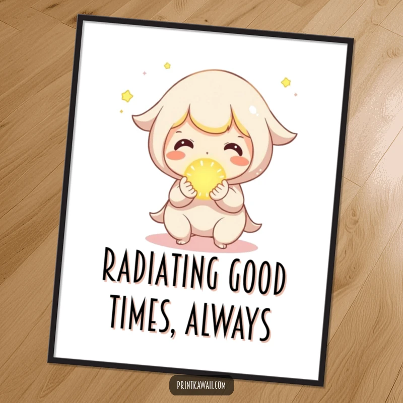 Funny Free Printable Wall Art: Cute character joyfully sharing a tiny, glowing orb, bringing magical light and positive energy to decor.