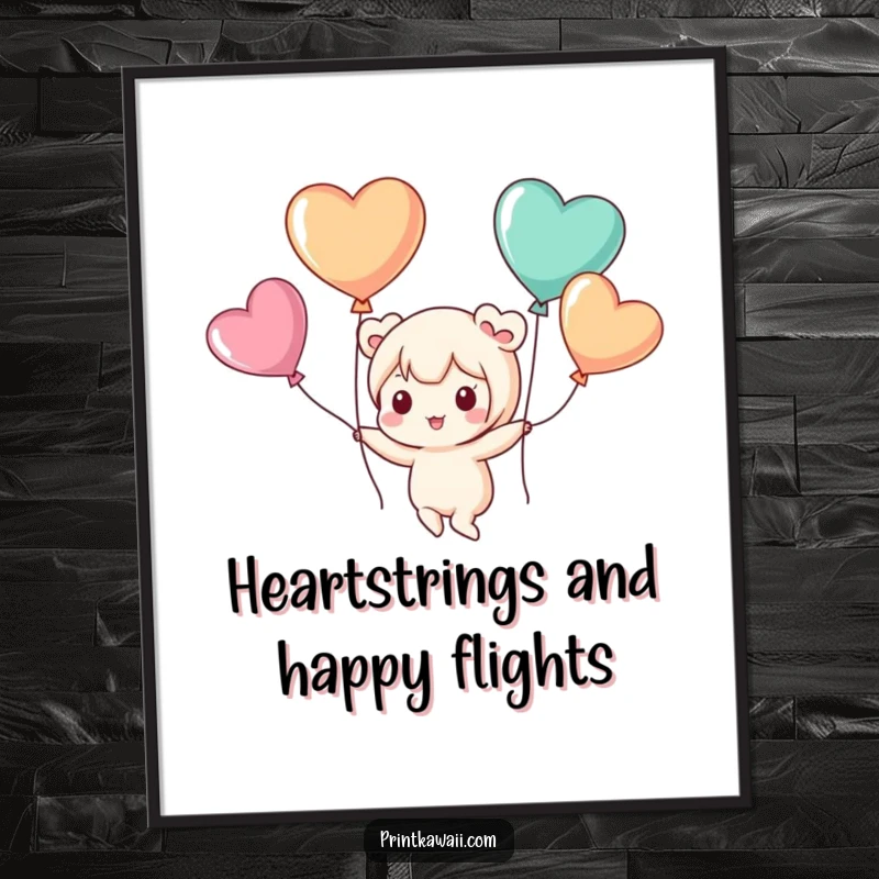 Whimsical free printable wall art of a cute kawaii character playfully floating with a bunch of colorful heart-shaped balloons.