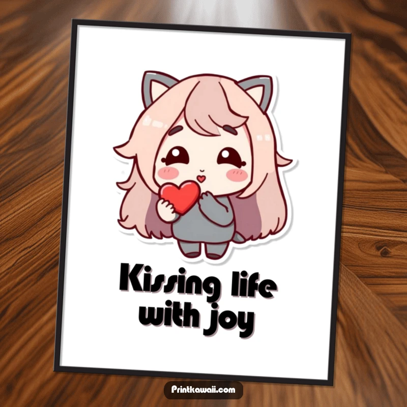 Funny free printable wall art of a character with a gentle smile blowing a kiss towards a heart, exuding love.