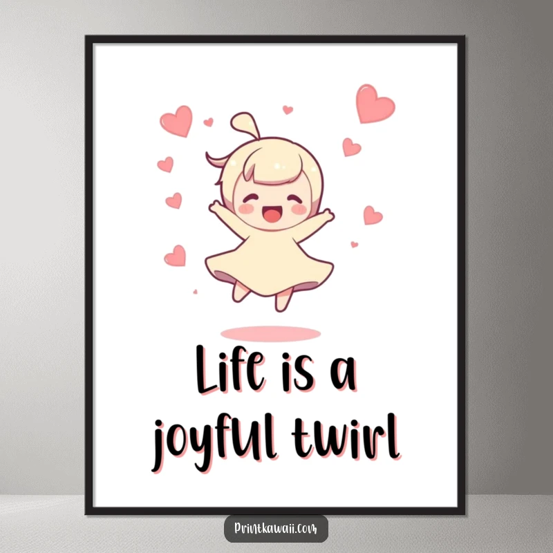 Funny Free Printable Wall Art: Character in a joyful spin, surrounded by floating hearts, radiating happiness and fun.