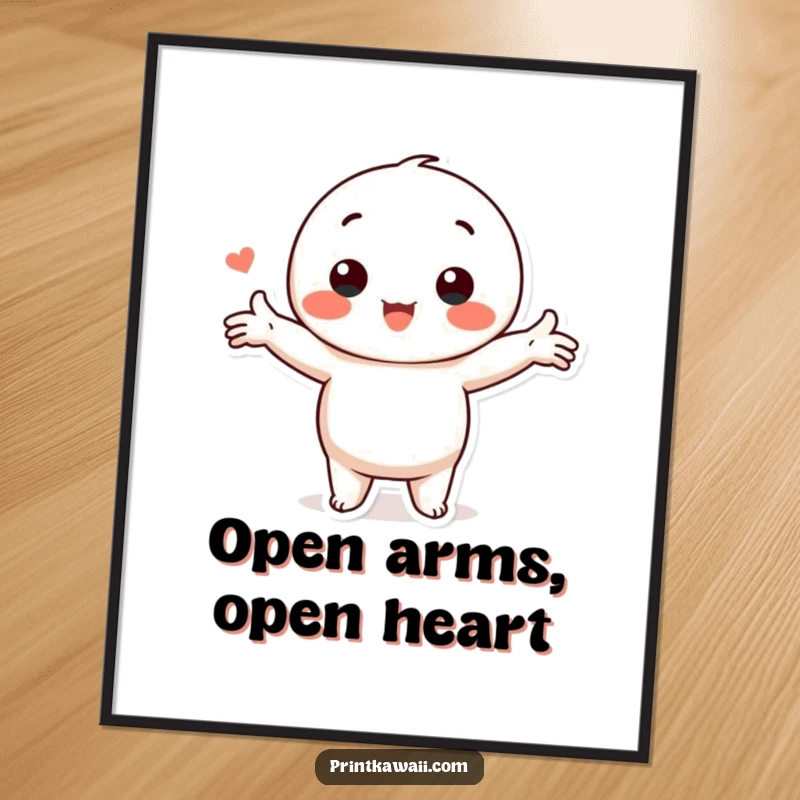 Funny Free Printable Wall Art: Cute kawaii character striking a loving pose with outstretched arms, radiating warmth and affection.