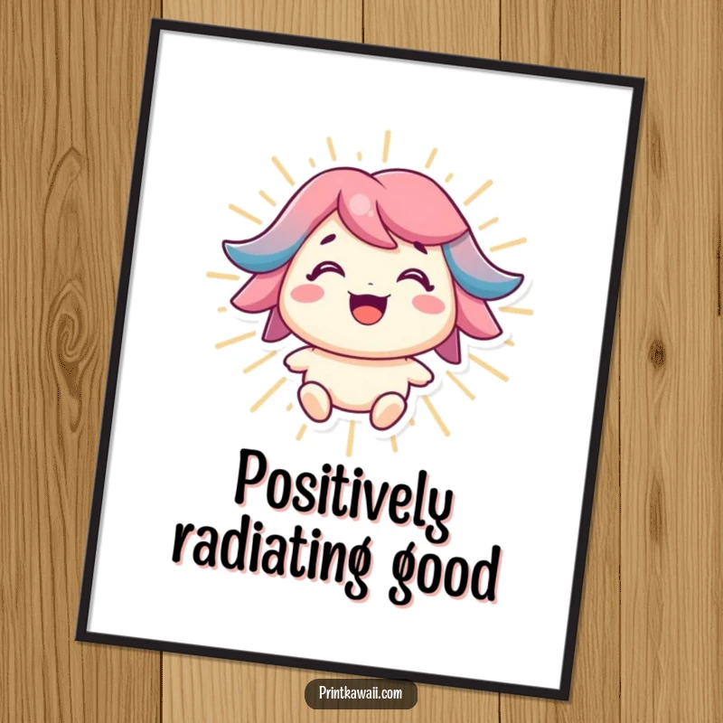 Funny Free Printable Wall Art: A character with a wide smile, enveloped in bright, radiating positive energy, inspiring happiness.