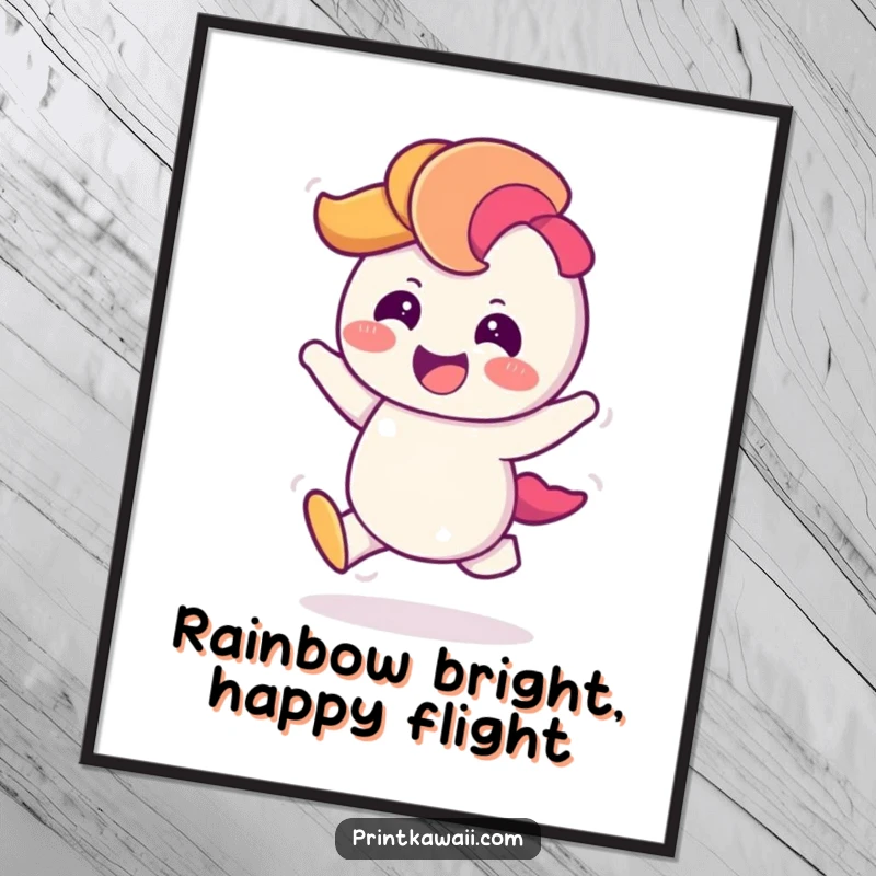 Funny Free Printable Wall Art showing a giggling rainbow character in a cheerful hop, a vibrant and downloadable art piece.