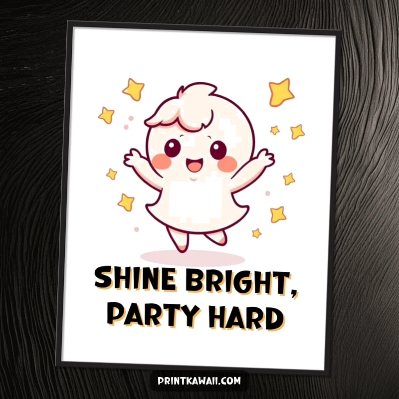 Funny Free Printable Wall Art: Cute kawaii character doing a happy dance with twinkling stars, bringing vibrant energy and fun.