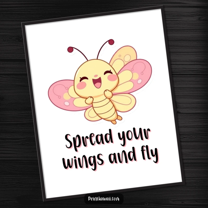 Funny free printable wall art of a delighted butterfly character captured in a moment of joyful fluttering, its wings a kaleidoscope of happiness.