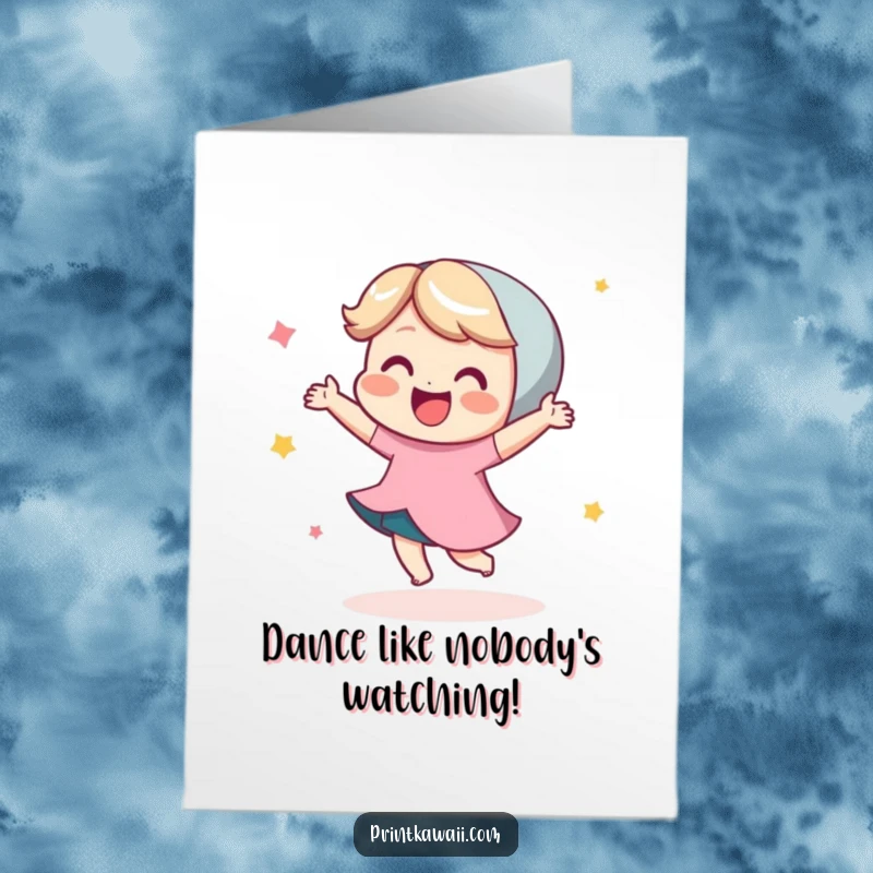 Funny Free Printable Birthday Card: Energetic cute character doing a jubilant little dance, full of pure glee.