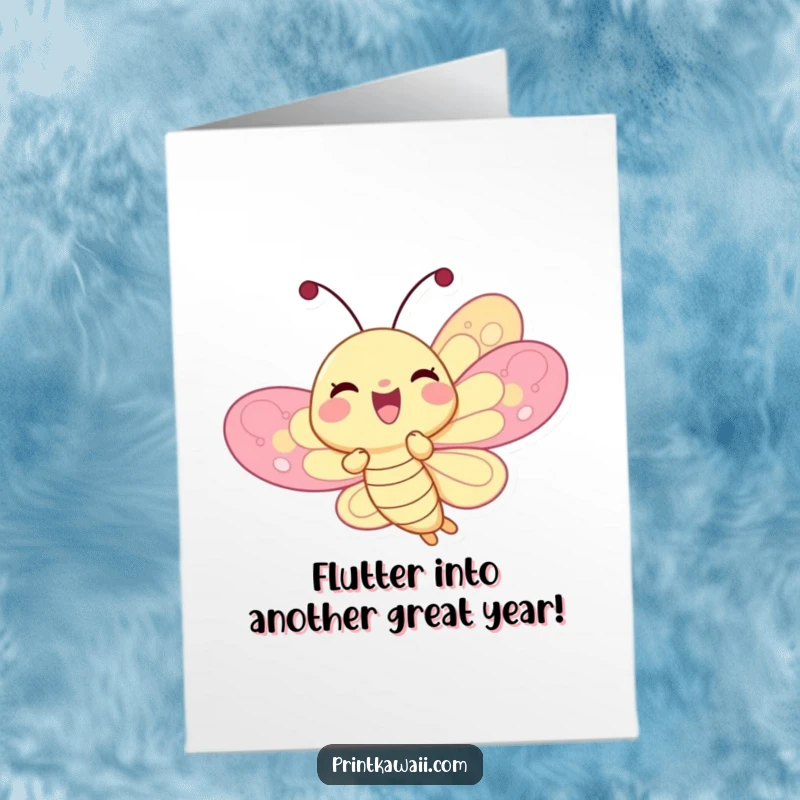 Funny free printable birthday card featuring a delighted butterfly character with wings wide open, fluttering with pure joy and excitement.