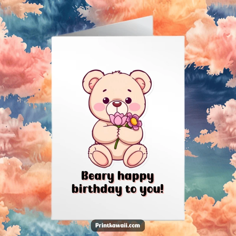 Funny Free Printable Birthday Card: Content teddy bear offering a single flower with a sweet, peaceful expression.