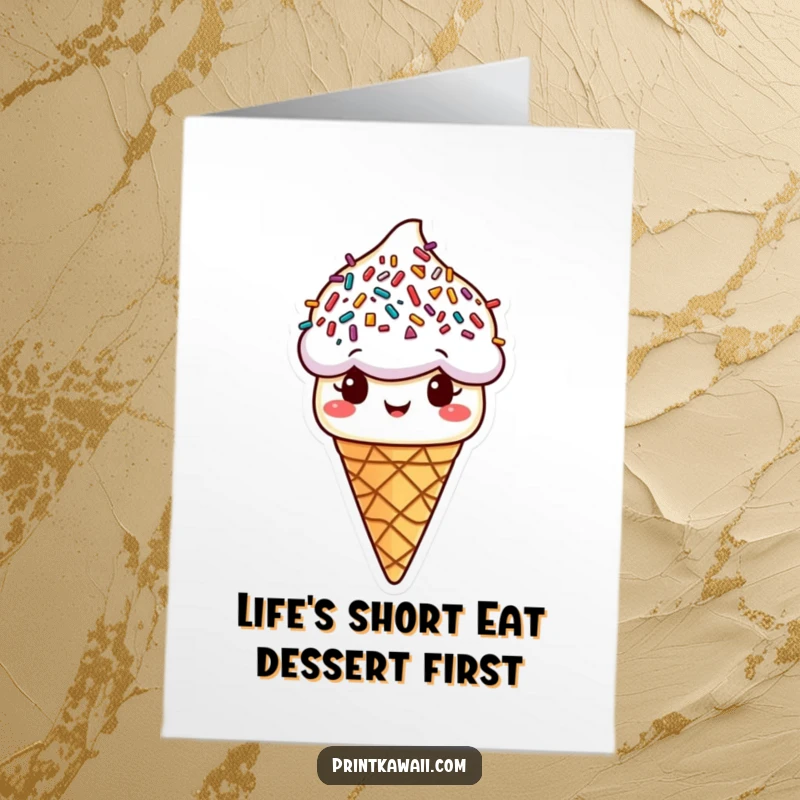Funny free printable birthday card showcasing a happy ice cream cone character with colorful sprinkles for hair wearing a party hat.