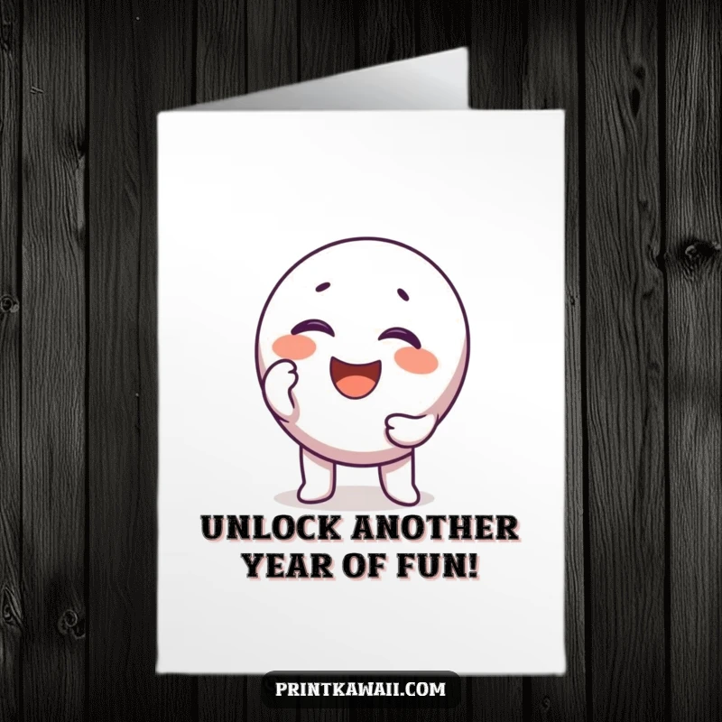 Funny free printable birthday card featuring a round, happy key character attempting to unlock a giant giggle.