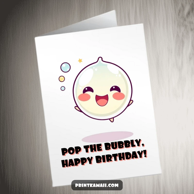 Funny Free Printable Birthday Card: Bubble character joyfully popping with laughter, scattering small bubbles. Hilarious downloadable art.