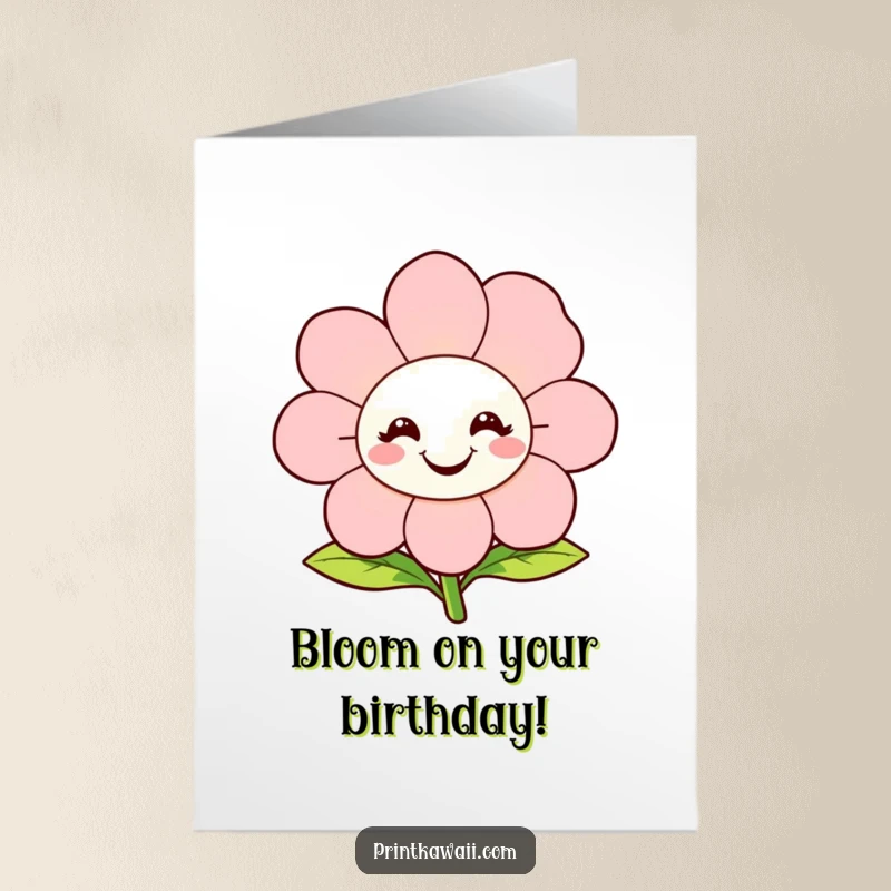 Funny Free Printable Birthday Card: A happy flower character smiling wide and radiating vibrant energy, perfect for a downloadable gift.