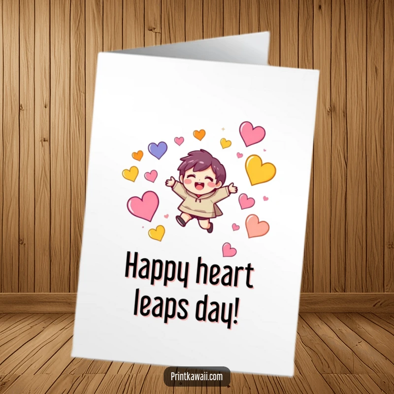 Funny Free Printable Birthday Card: Delighted character leaping among colorful hearts, perfect for a joyful birthday downloadable gift.