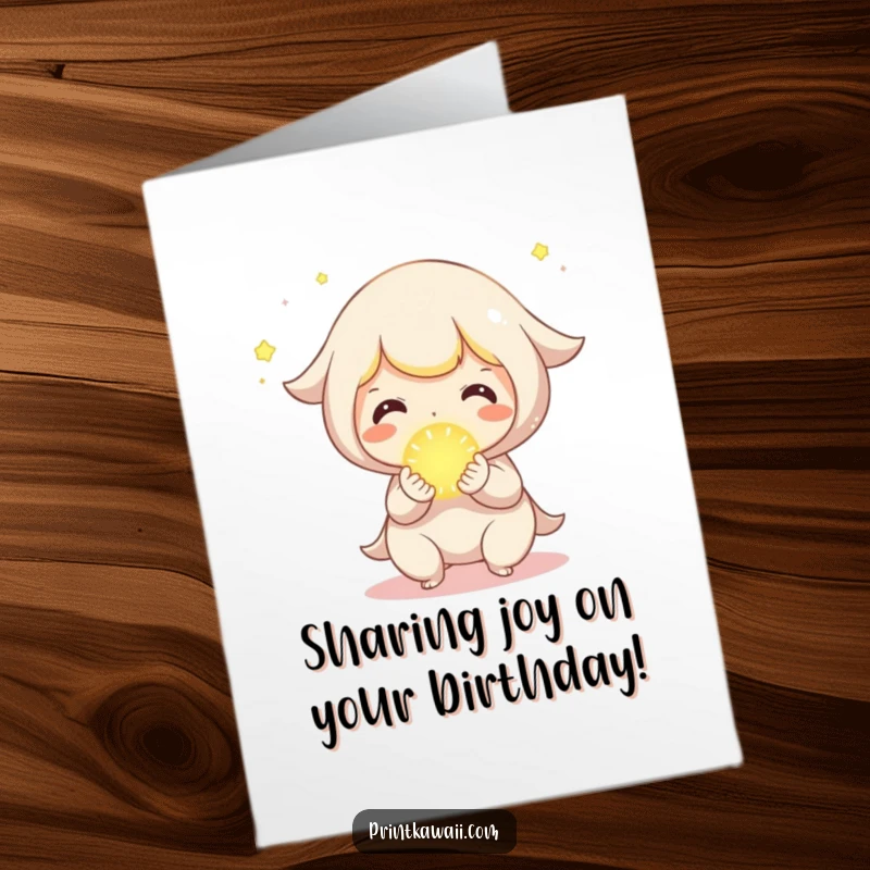 Funny Free Printable Birthday Card: Cute character joyfully sharing a tiny, glowing orb, spreading happiness and birthday cheer.