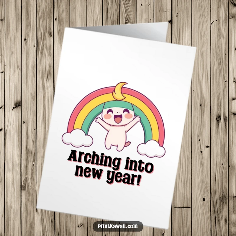 Funny Free Printable Birthday Card featuring a playful rainbow character arching joyfully, perfect for 'Print at Home' birthday cheer.