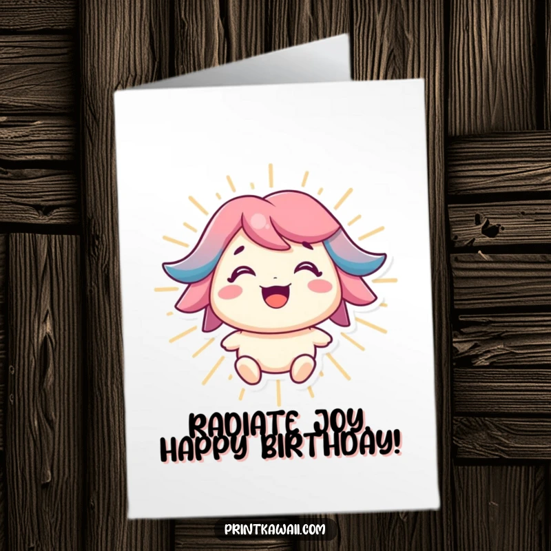 Funny Free Printable Birthday Card: Smiling character surrounded by glowing positive energy, sending bright birthday wishes.