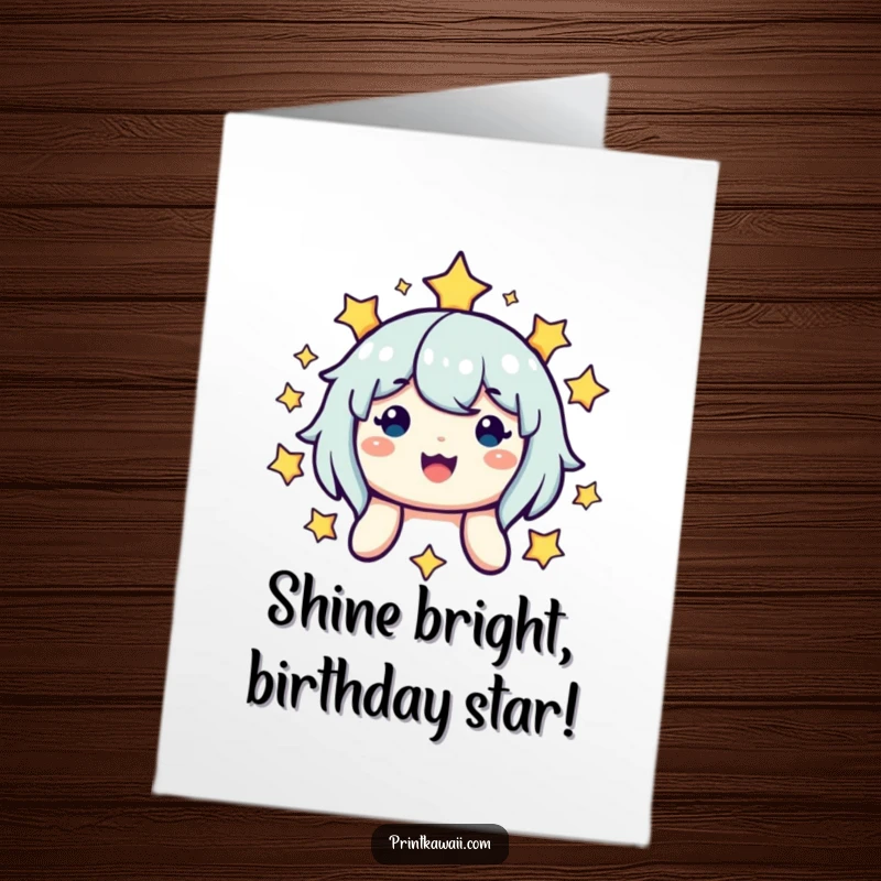 Funny Free Printable Birthday Card: Cute character beaming with a radiant smile, surrounded by sparkling stars, ready to party.
