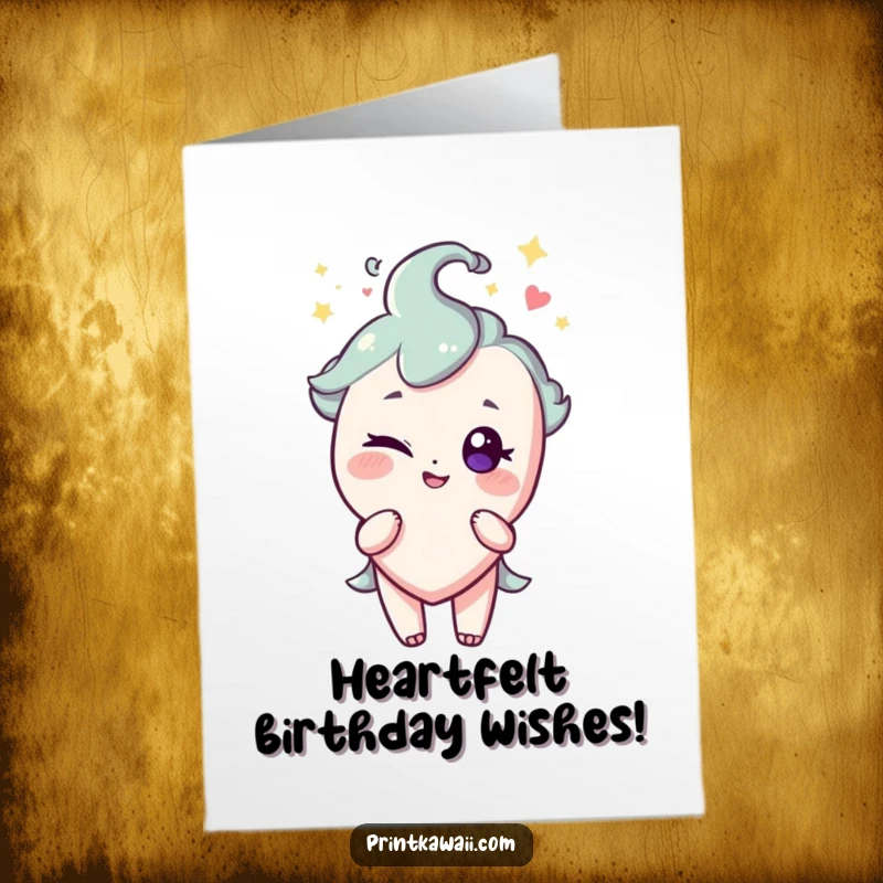 Funny Free Printable Birthday Card featuring a sparkling heart character giving a mischievous, playful wink.