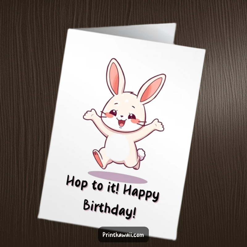 Funny Free Printable Birthday Card: a playful bunny character doing a happy leap, filled with birthday excitement.