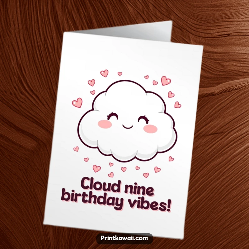 Free Printable Birthday Card: A smiling cloud character sprinkling tiny, cute hearts down.