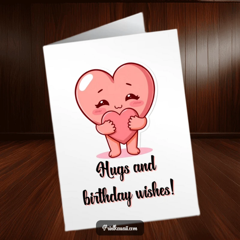 Funny Free Printable Birthday Card: A cute, plump heart character with a big smile, giving a warm and comforting hug.