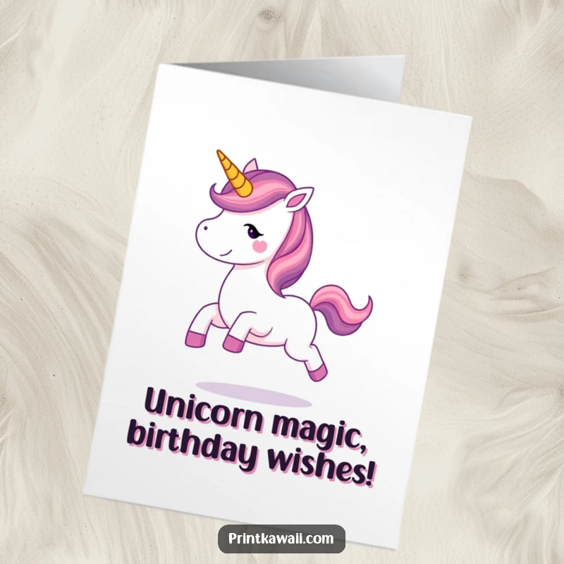 Cute Free Printable Birthday Card: A joyful unicorn with a rainbow mane prancing happily, spreading birthday cheer and magic.