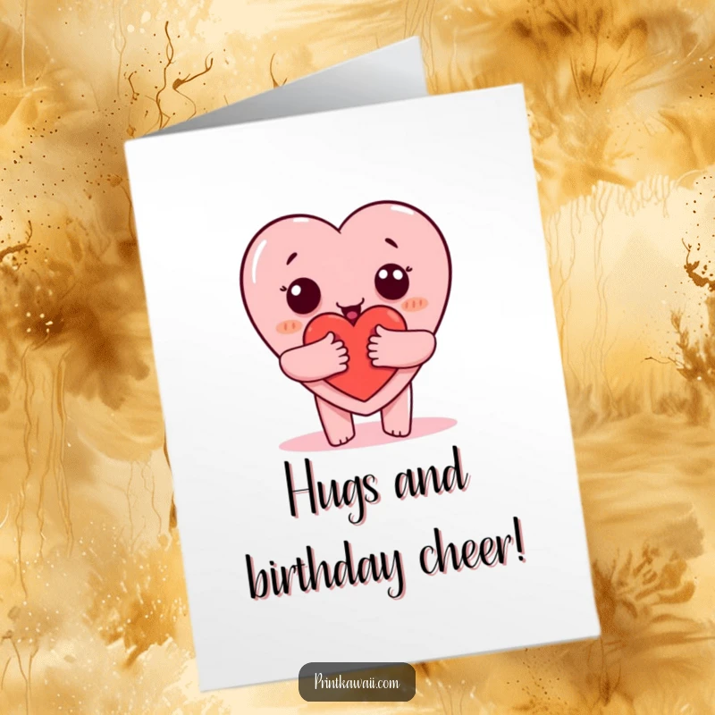 Free Printable Birthday Card: A cute heart character giving a big, warm, enveloping hug.