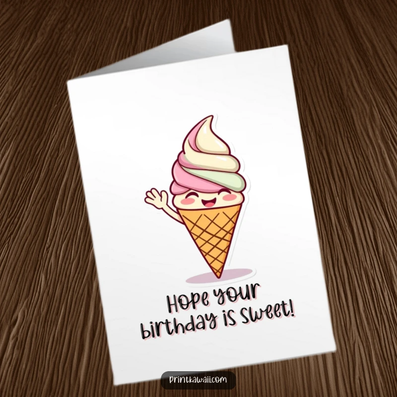 Funny Free Printable Ice Cream Cone Birthday Card, a giggling cone waving, celebrating sweetly, a delicious downloadable gift.