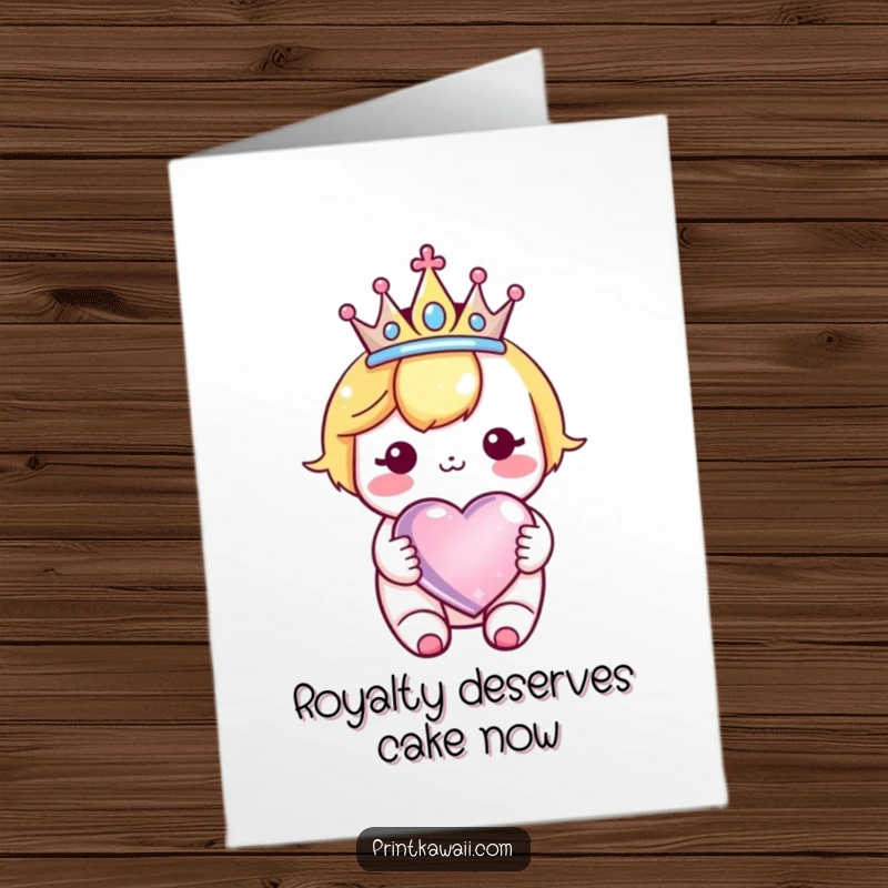 Funny Free Printable Birthday Card featuring a cute kawaii character wearing a crown and holding a sparkly heart, looking grand.
