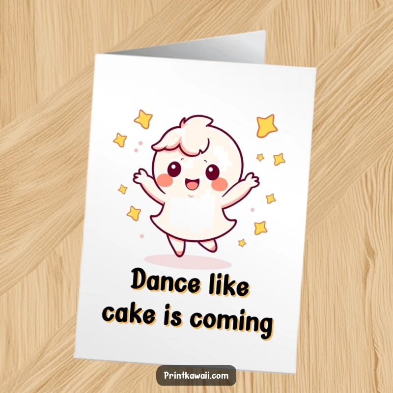 Funny Free Printable Birthday Card: Cute kawaii character doing a happy dance surrounded by twinkling stars, full of excitement.