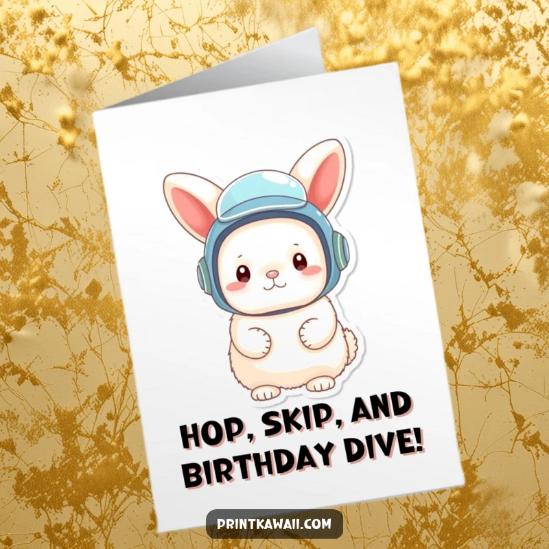Funny Free Printable Birthday Card showing a fluffy bunny sporting a comically oversized diving helmet.
