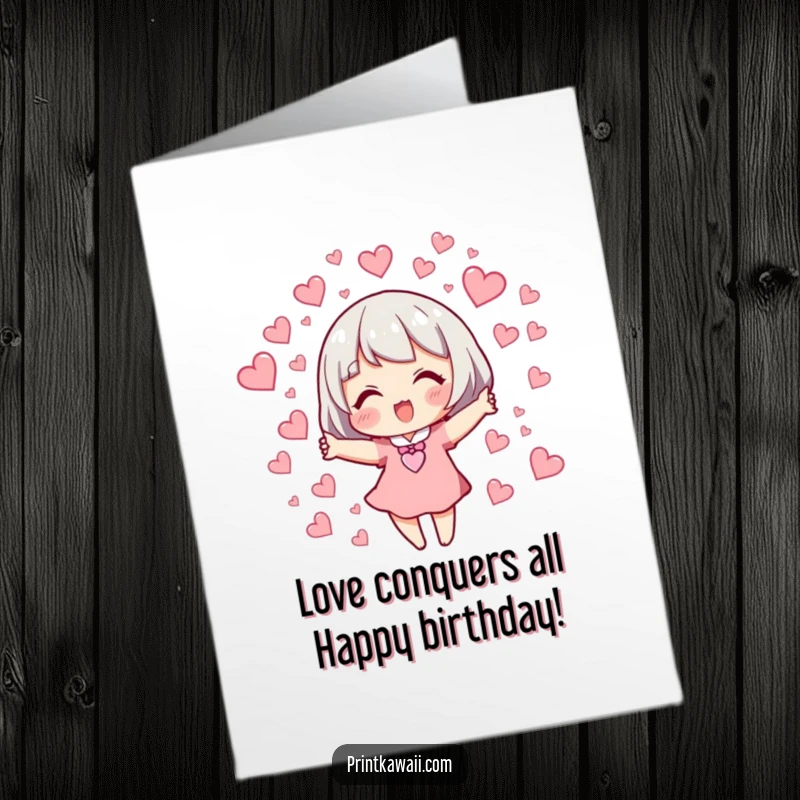 Funny free printable birthday card showing a cute character releasing a joyful flock of tiny, fluttering hearts in celebration.