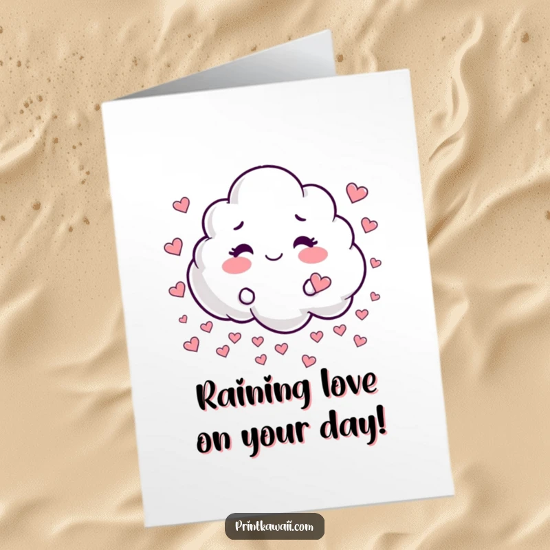 Funny Free Printable Birthday Card featuring a whimsical cloud character raining tiny, cheerful hearts.