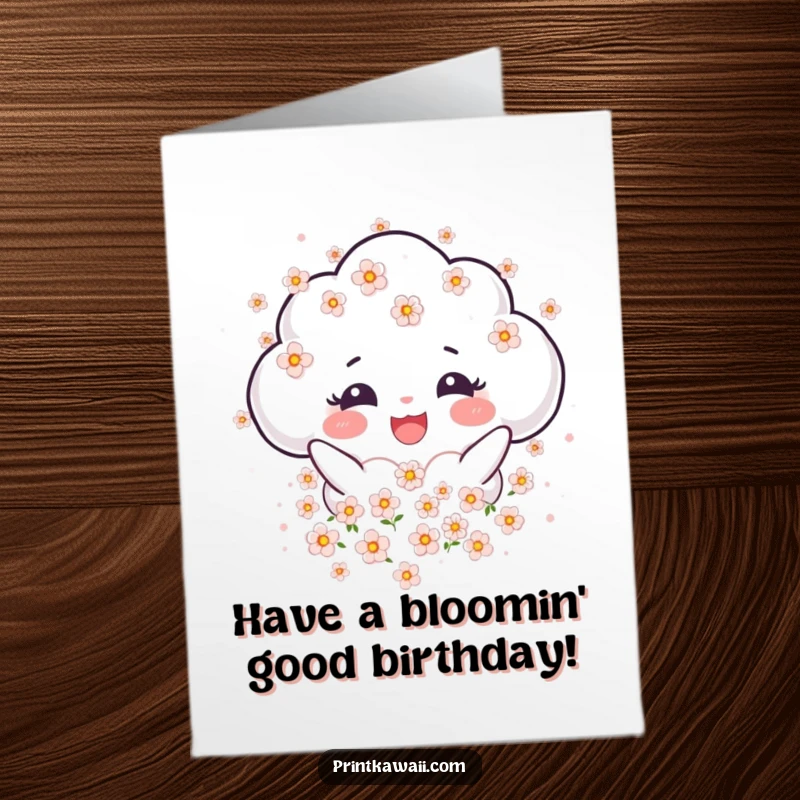 Funny Free Printable Birthday Card featuring a joyful cloud character showering tiny blossoms, a delightful downloadable message.
