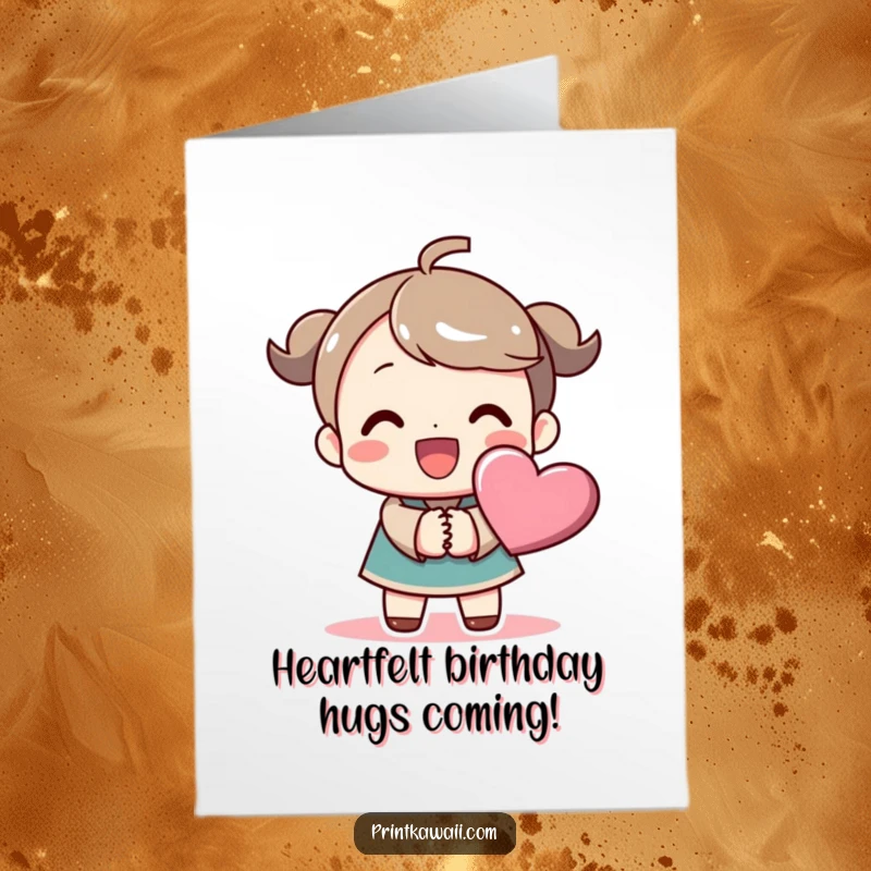 Funny Free Printable Birthday Card: Character beaming, holding hands with a heart, spreading love and humor for a downloadable gift.