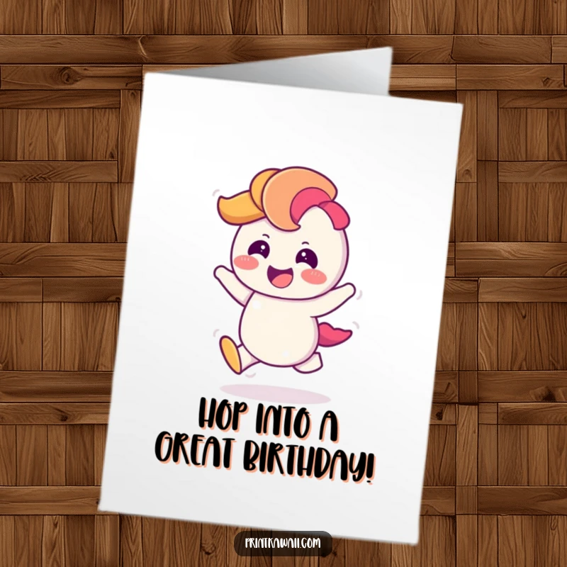 Funny Free Printable Birthday Card featuring a giggling rainbow character doing a cheerful hop, a fun and downloadable greeting.