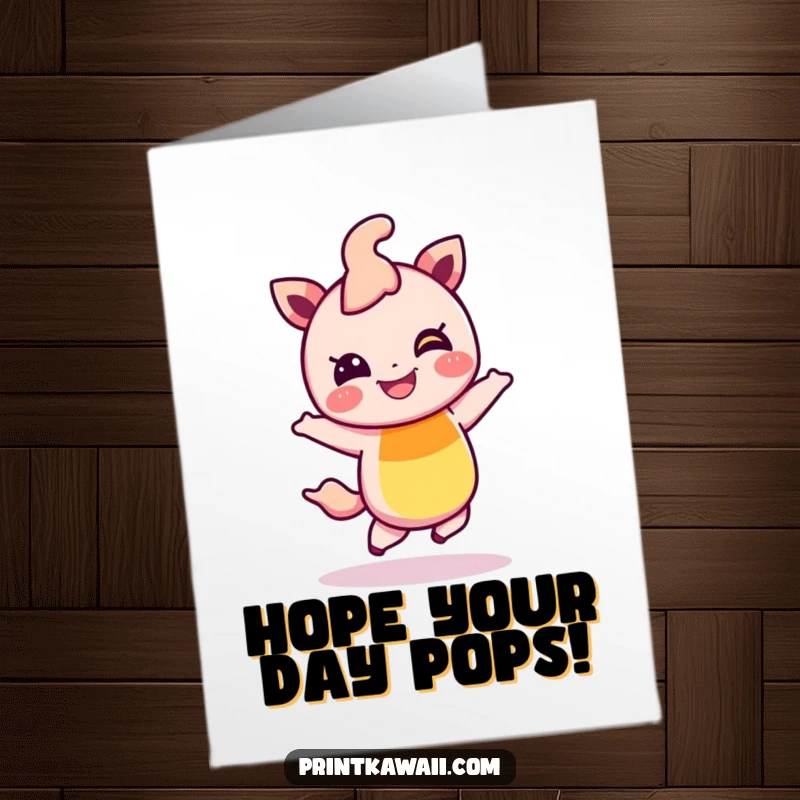 Funny Free Printable Birthday Card: Giggling rainbow character in mid-hop, radiating cheerful vibes and pure, unadulterated joy.