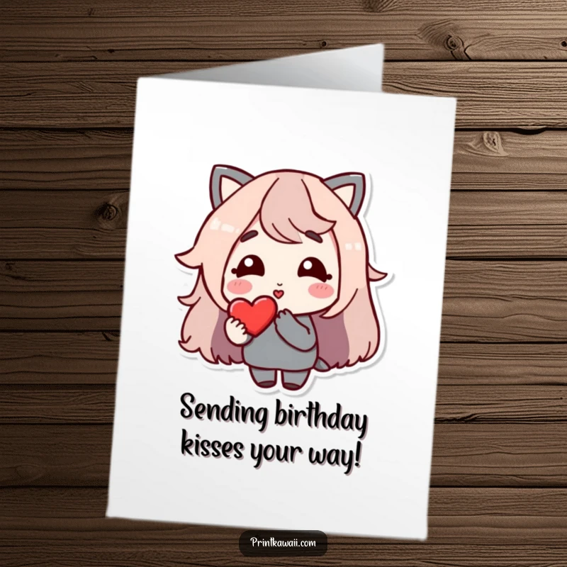 Funny free printable birthday card showing a character with a gentle smile, blowing a kiss towards a floating heart.