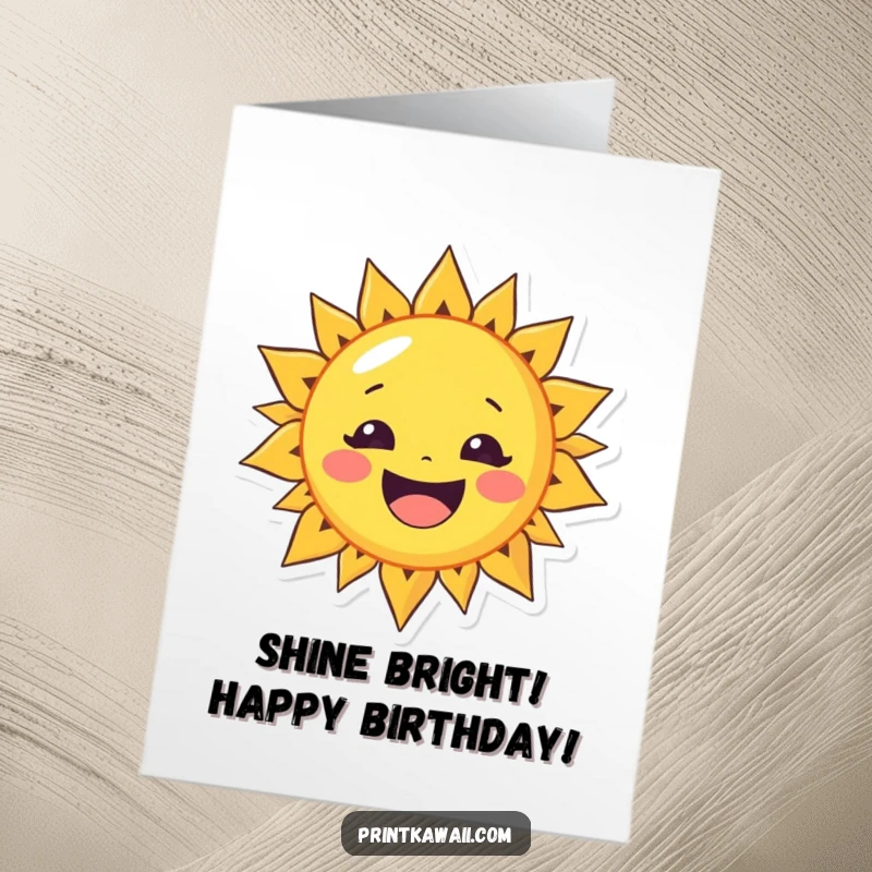 Funny Free Printable Birthday Card: a cheerful sun character with a wide smile, radiating birthday warmth and joy.