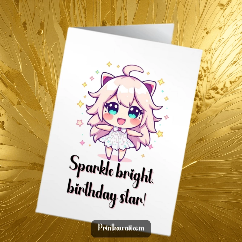 Funny Free Printable Birthday Card: Sparkle dust character bursting with energy and excitement, showering glitter. Hilarious downloadable art.