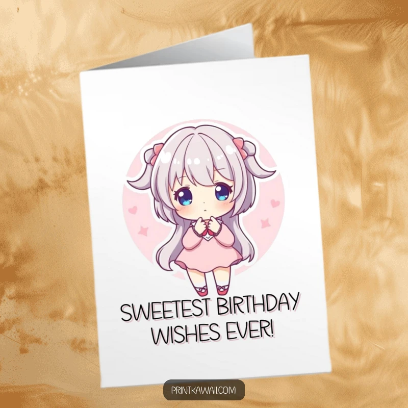 Sweet free printable birthday card featuring a character in a gentle pose, radiating a soft, calming pink aura.