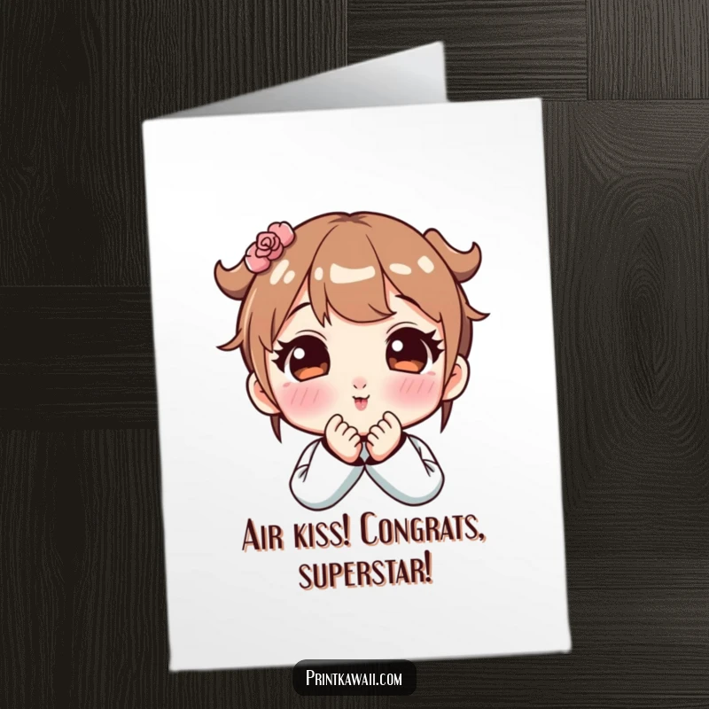 Free Printable Congrats Card: Cute character with rosy cheeks blowing a kiss, sending sweet congratulations.