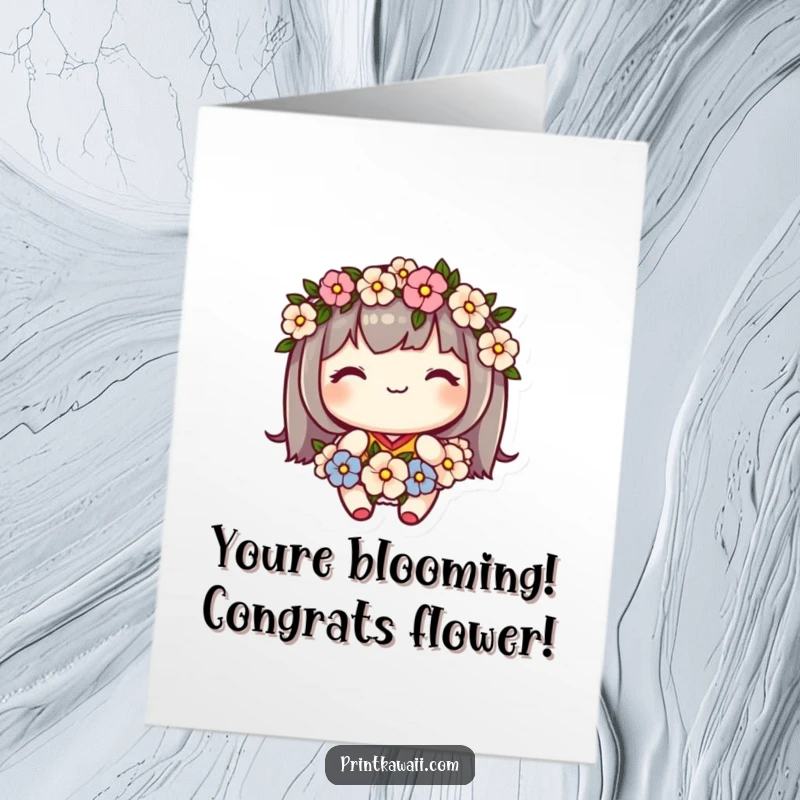 Charming free printable congratulations card featuring a cute kawaii character wearing a flower garland, celebrating achievements.