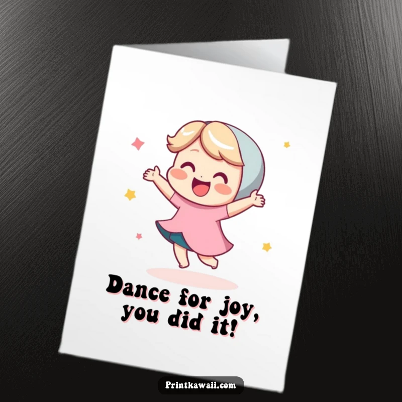 Funny Free Printable Congrats Card: Adorable character busting a move in a happy dance, radiating pure excitement.